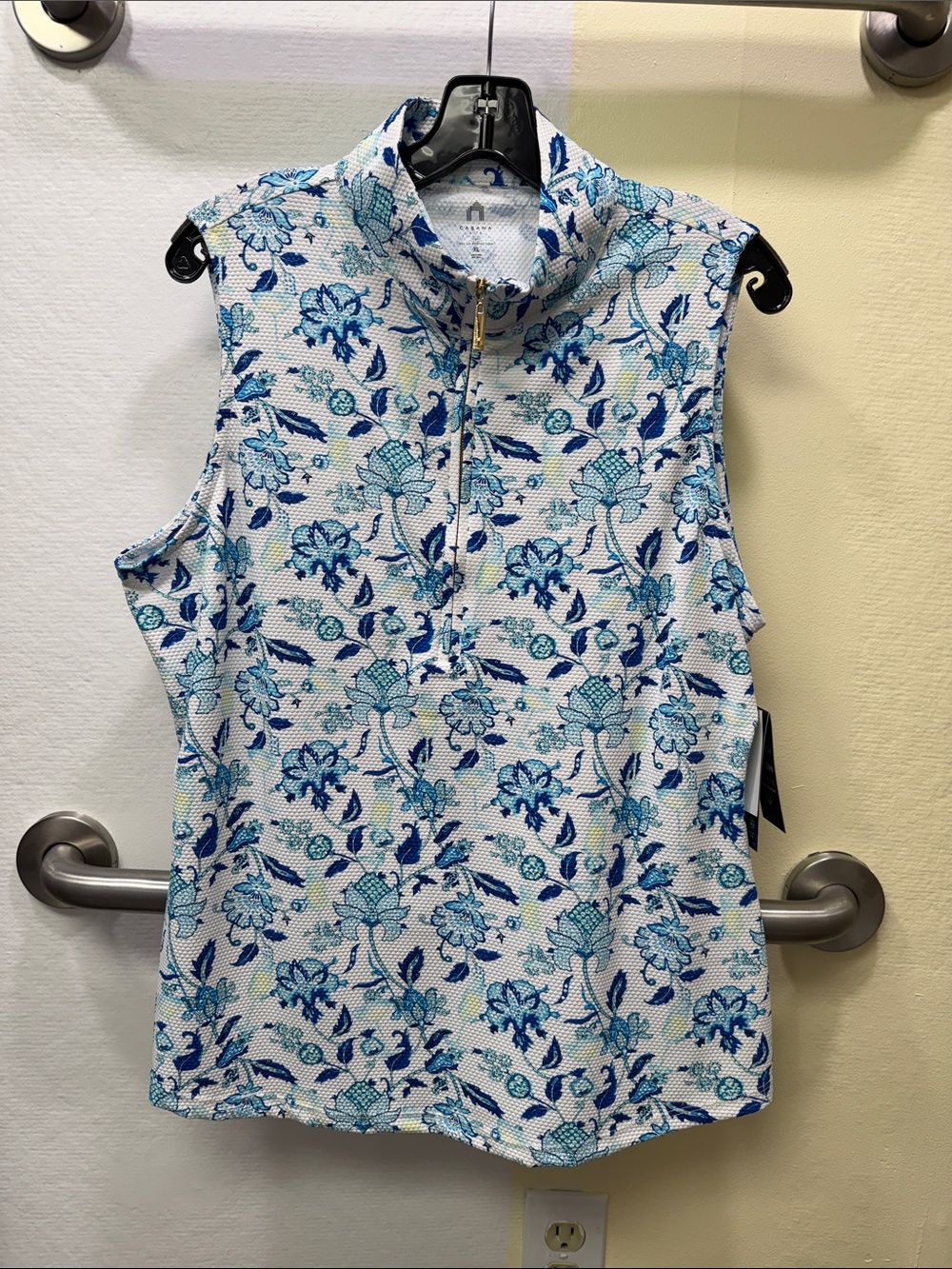 Cabana Life Blue and White Floral Sleeveless Zip Mock Neck Top